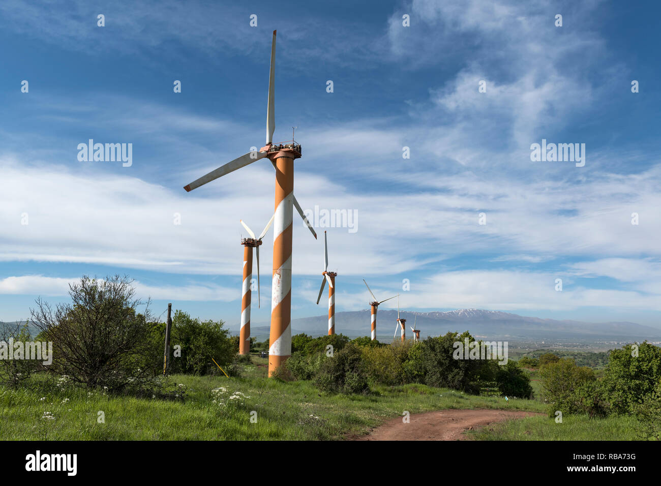 Bnei Rasan turbine eoliche vicino Kibbutz Ein Zivan nel Golan. Israele Foto Stock