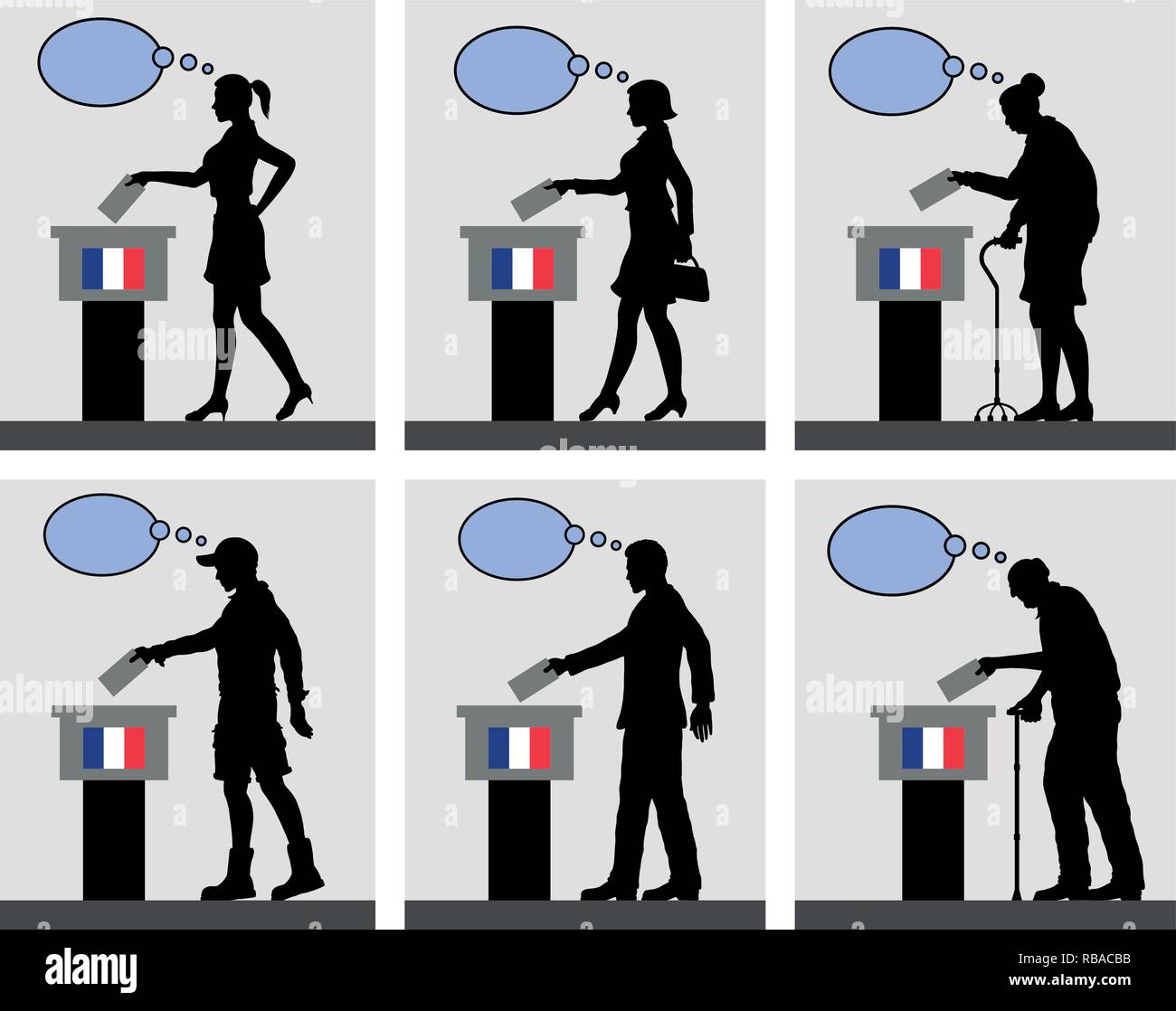 I cittadini francesi per il voto elettorale in Francia con bolle di pensiero. Tutti gli oggetti di silhouette e gli sfondi sono in diversi strati. Illustrazione Vettoriale