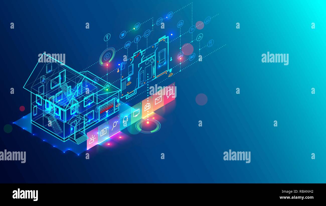 Smart home tecnologia di interfaccia con 3d edificio piano e internet delle cose o IOT oggetti collegati. Il controllo di sicurezza e di automazione della casa intelligente. Internet delle cose isometrica concetto di tecnologia. Illustrazione Vettoriale
