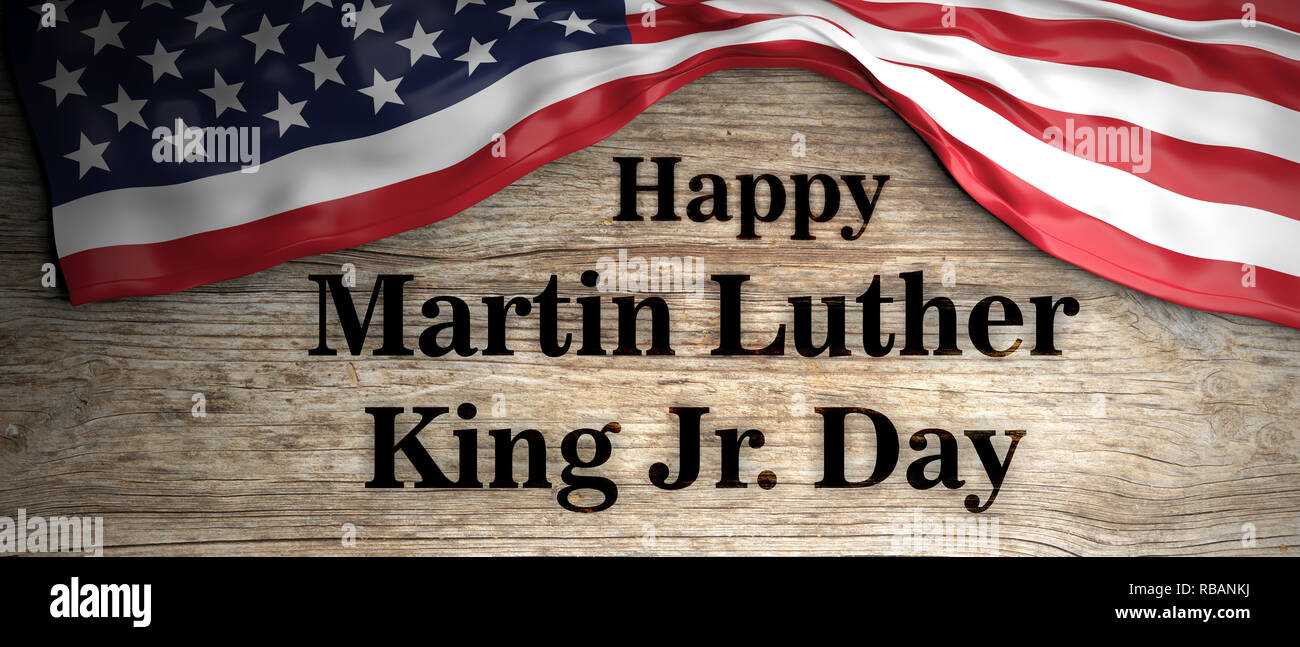 Felice di Martin Luther King Jr day. Stati Uniti d'America bandiera e testo su sfondo di legno. 3d illustrazione Foto Stock
