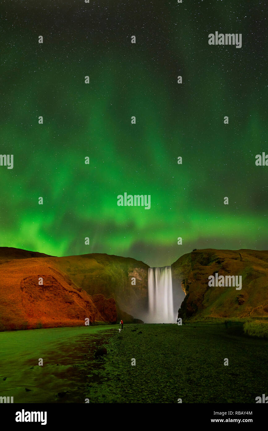 Cascata Skogafoss con Aurora Boreale, Islanda Foto Stock