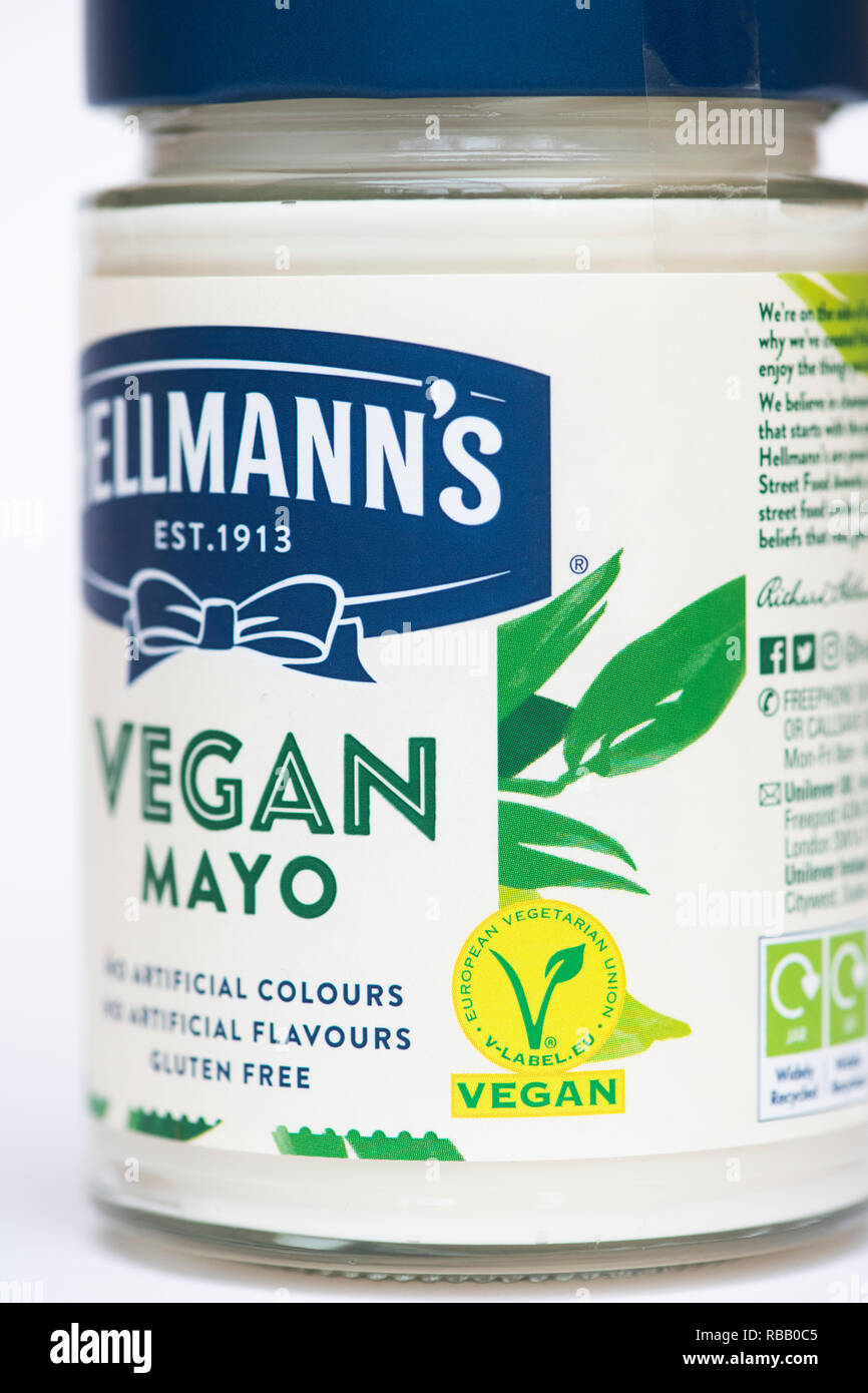 Hellmanns Vegan maionese vaso su uno sfondo bianco. Regno Unito Foto Stock