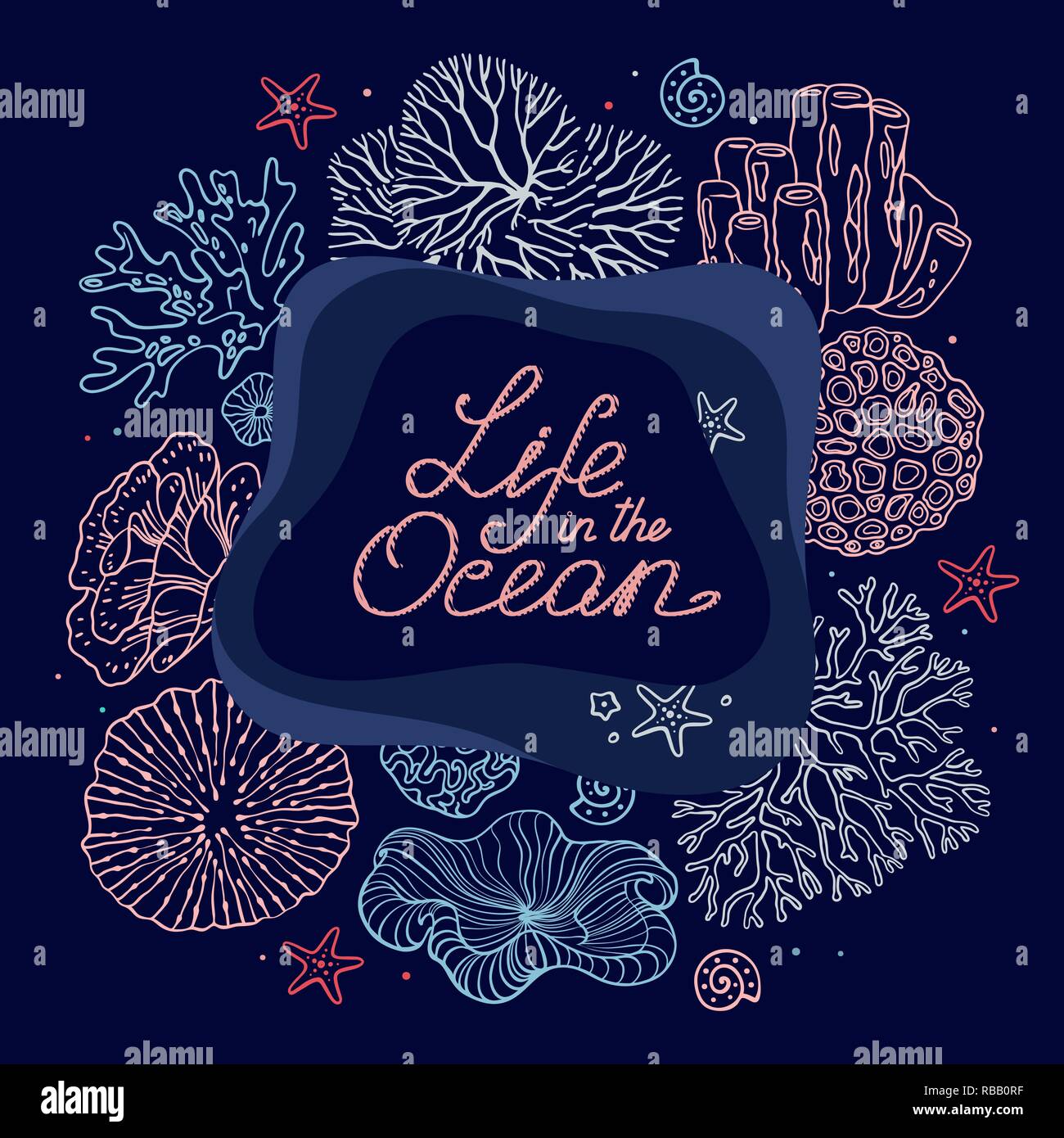 Disegnate a mano insieme di elementi di vita nell'oceano e testo Illustrazione Vettoriale