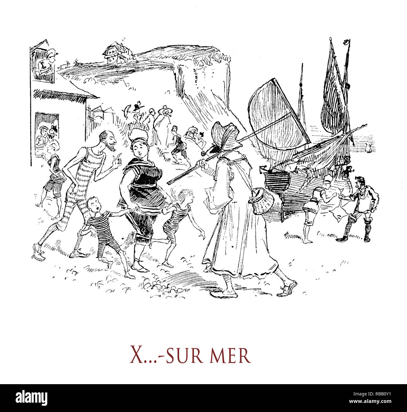 Vintage umorismo e divertimento: vacanze con la famiglia sul mare in corrispondenza di un generico francese pittoresca località di fisher. 'La vie Parisienne' Francese rivista satirica, anno 1888 Foto Stock