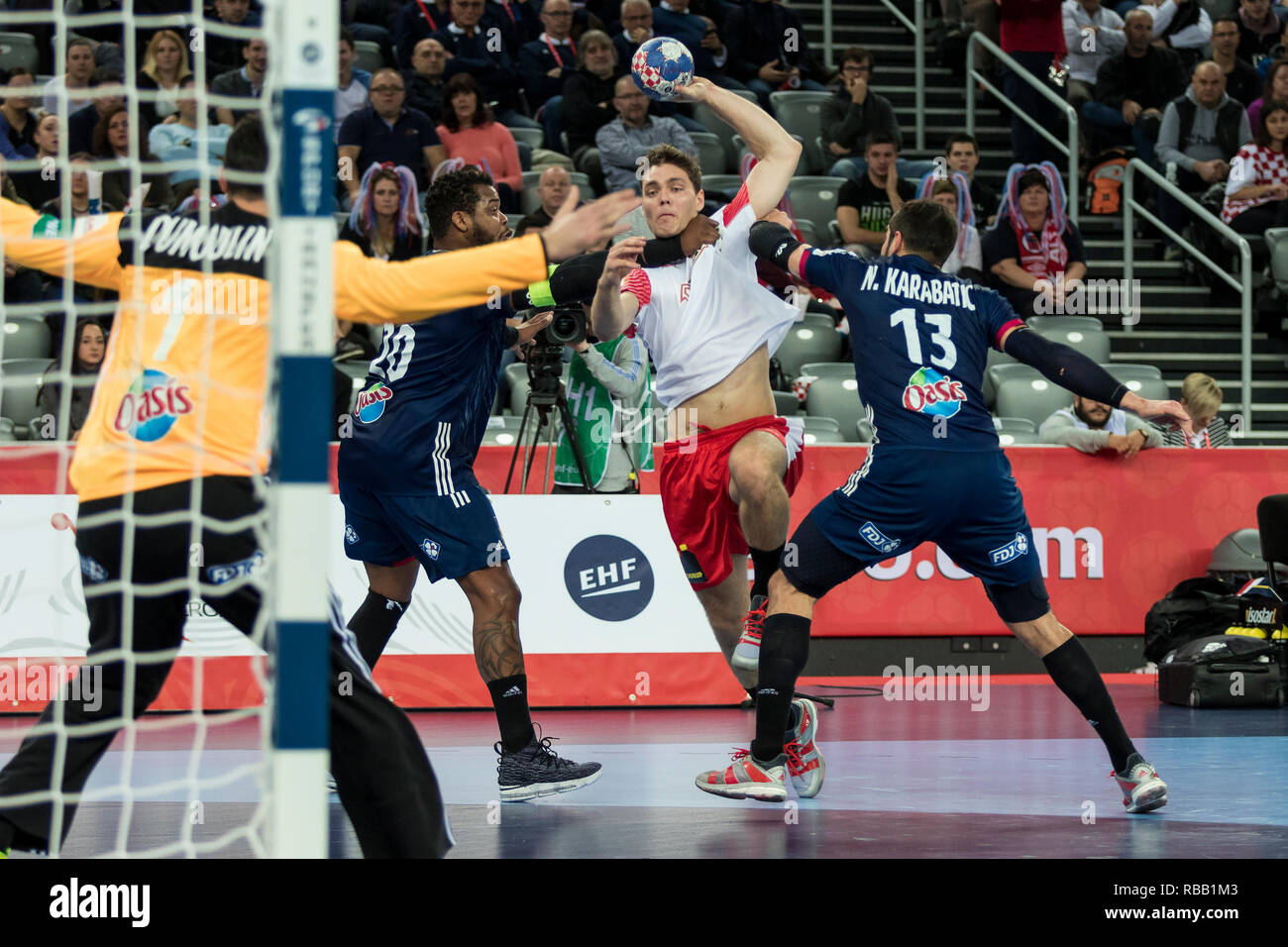 Zagabria, Croazia - 28 gennaio 2018: Campionati Europei negli uomini la pallamano, EHF EURO 2018 finals Francia - Danimarca 32:29. In azione KIRKELOKKE Niclas Foto Stock