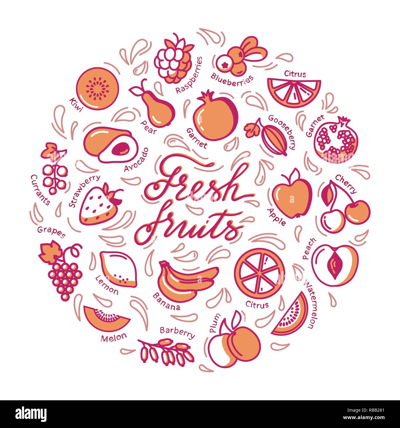 Illustrazione circolare con frutta e testo per shop, stampa, sito web design. Illustrazione Vettoriale
