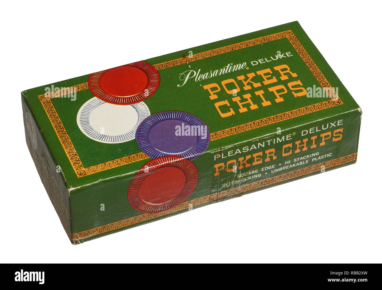 Un vintage box di plastica poker chips Foto Stock