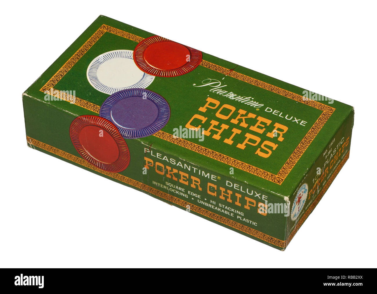 Un vintage box di plastica poker chips Foto Stock