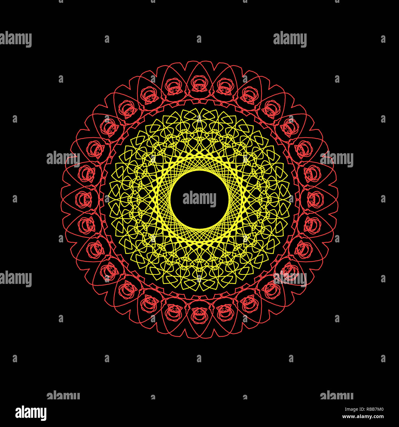 Illustrazione, semplice radiale stile mandala rendering, astratto pizzo circolare. Foto Stock