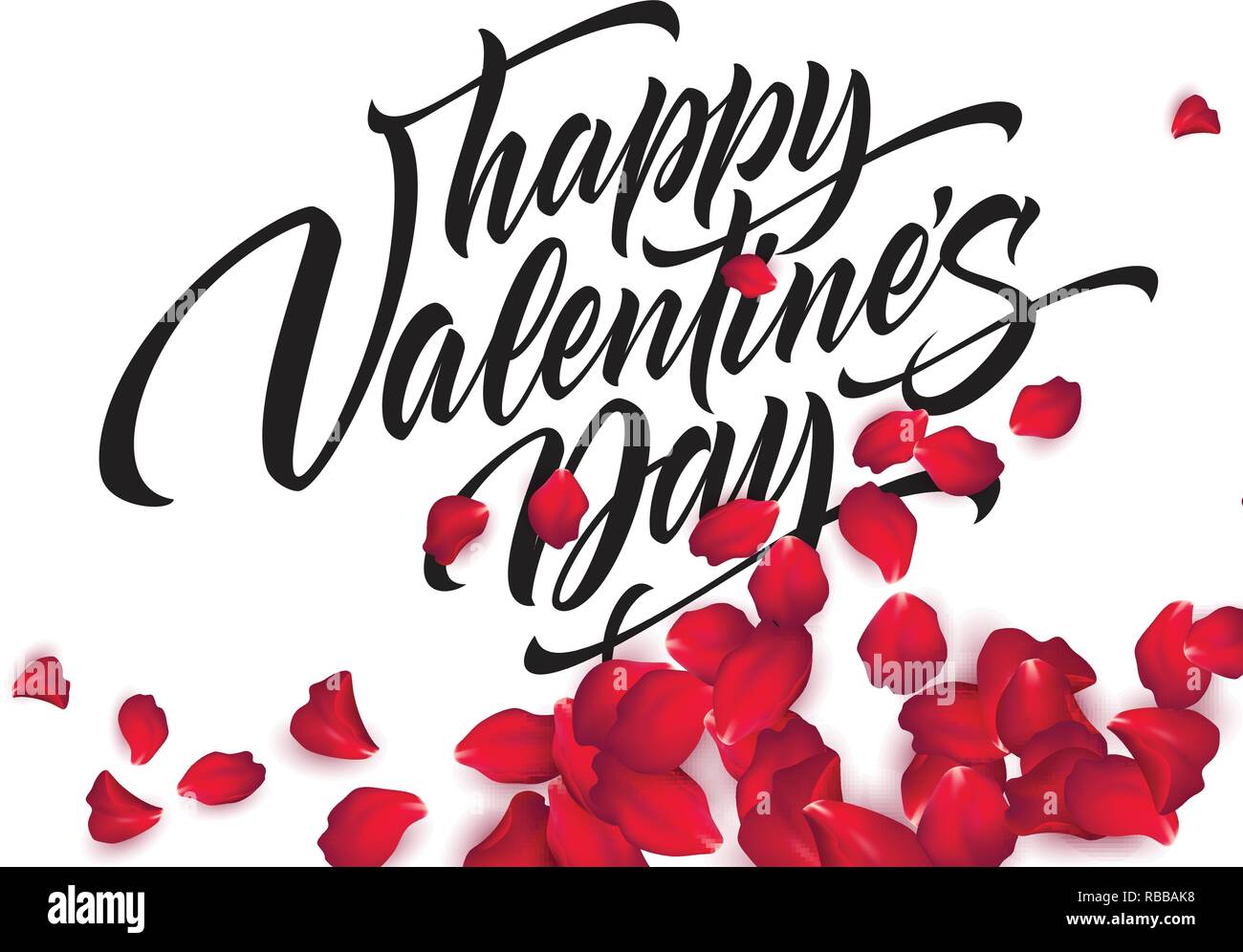 Felice il giorno di San Valentino scritte a mano, moderna calligrafia, su petali di rosa colorato sfondo bello. Illustrazione Vettoriale Illustrazione Vettoriale