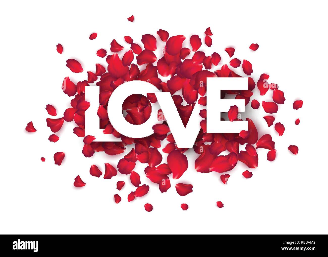 La parola amore è scritto con petali di rosa su sfondo bianco. Illustrazione Vettoriale Illustrazione Vettoriale
