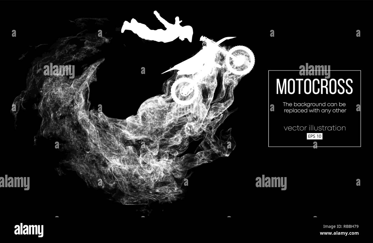 Silhouette astratta di un pilota di motocross scuro su sfondo nero da particelle, polvere, fumo o vapore. Il pilota di Motocross jumping ed esegue un trucco. Sfondo può essere cambiato in qualsiasi altro. Vettore Illustrazione Vettoriale