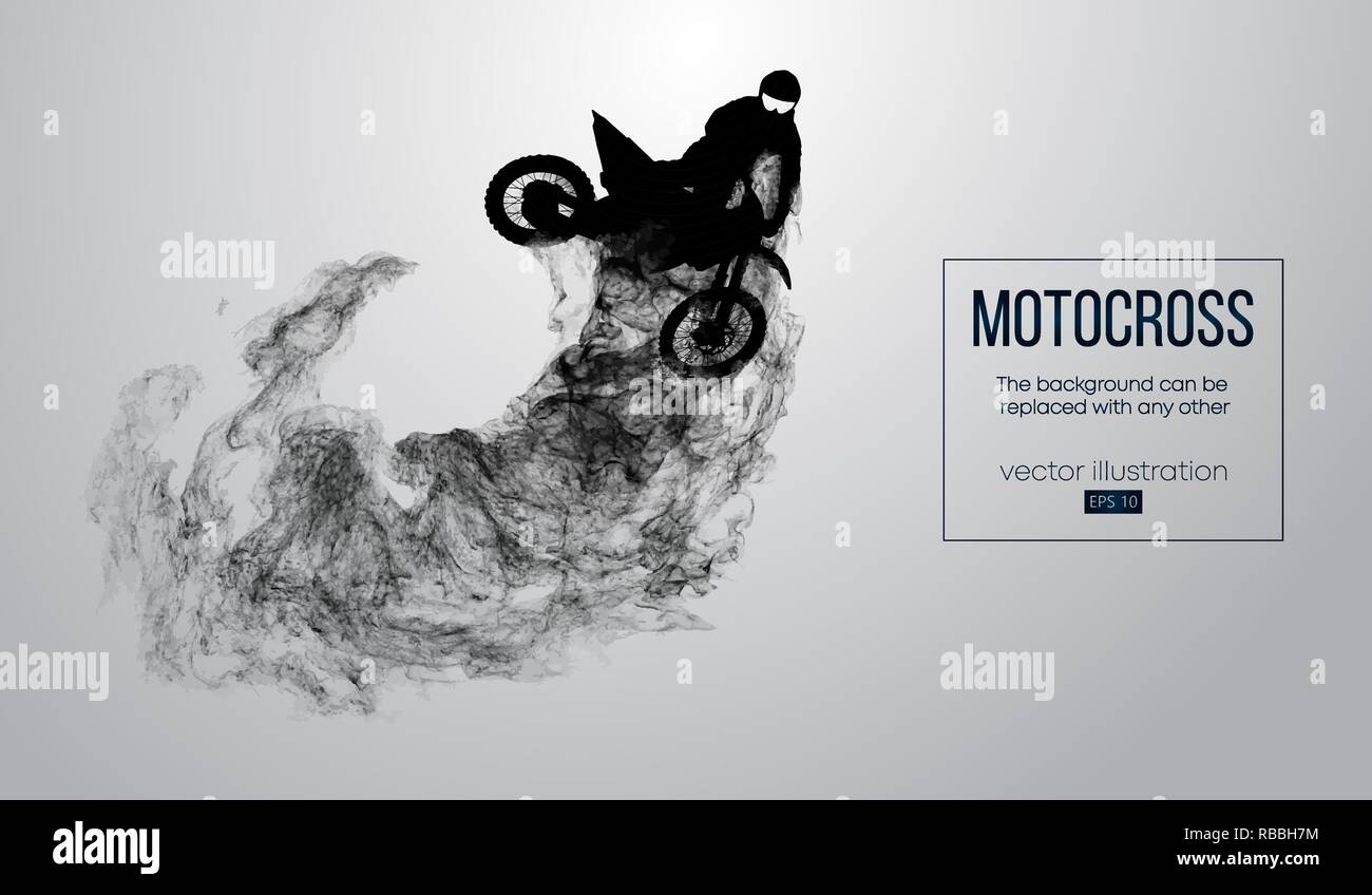 Silhouette astratta di un pilota di motocross su sfondo bianco da particelle, polvere, fumo o vapore. Il pilota di Motocross jumping ed esegue un trucco. Sfondo può essere cambiato in qualsiasi altro. Vettore Illustrazione Vettoriale