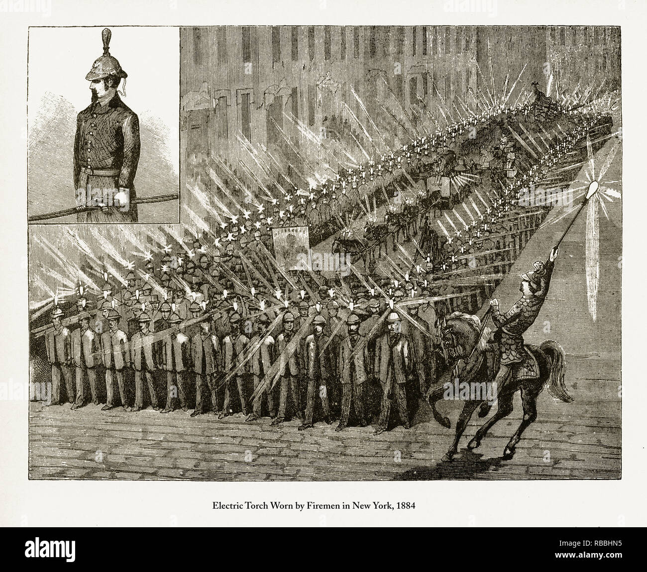 Torcia elettrica indossati dai Vigili del Fuoco di New York incisione Foto Stock