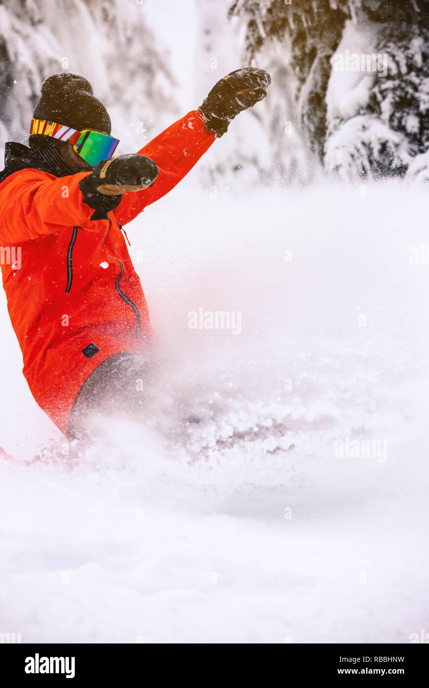 Stilizzata spray di snowboard in fresco di backcountry snow Foto Stock