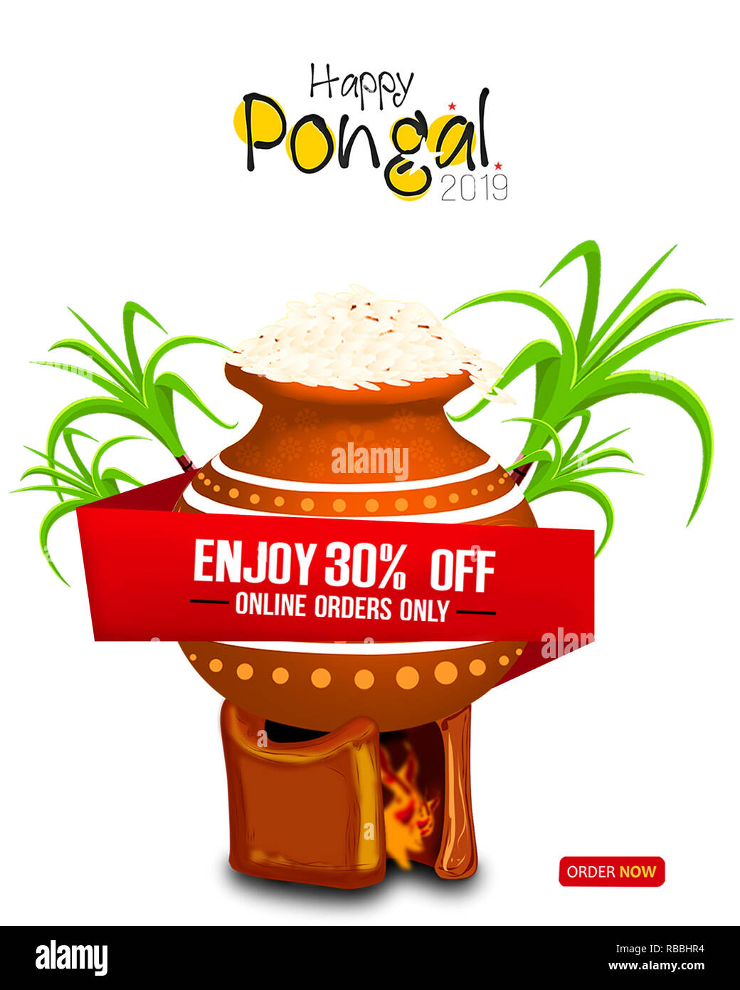 Illustrazione di Felice Pongal saluto sfondo. Grande Vendita Pongal adesivo, banner, Design etichetta con 30% di sconto illustrazione Foto Stock
