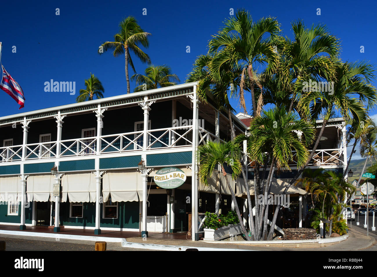 Storica Lahaina, Maui, prima capitale delle Isole Hawaii e ex città di caccia alla balena. Foto Stock