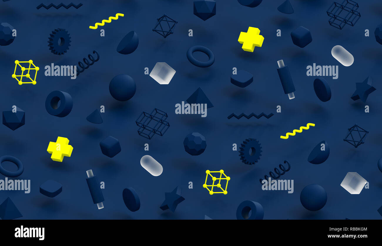 Seamless sfondo blu scuro creative degli anni ottanta stile design pattern con geometria 3D colorato forme astratte scena di Memphis Foto Stock