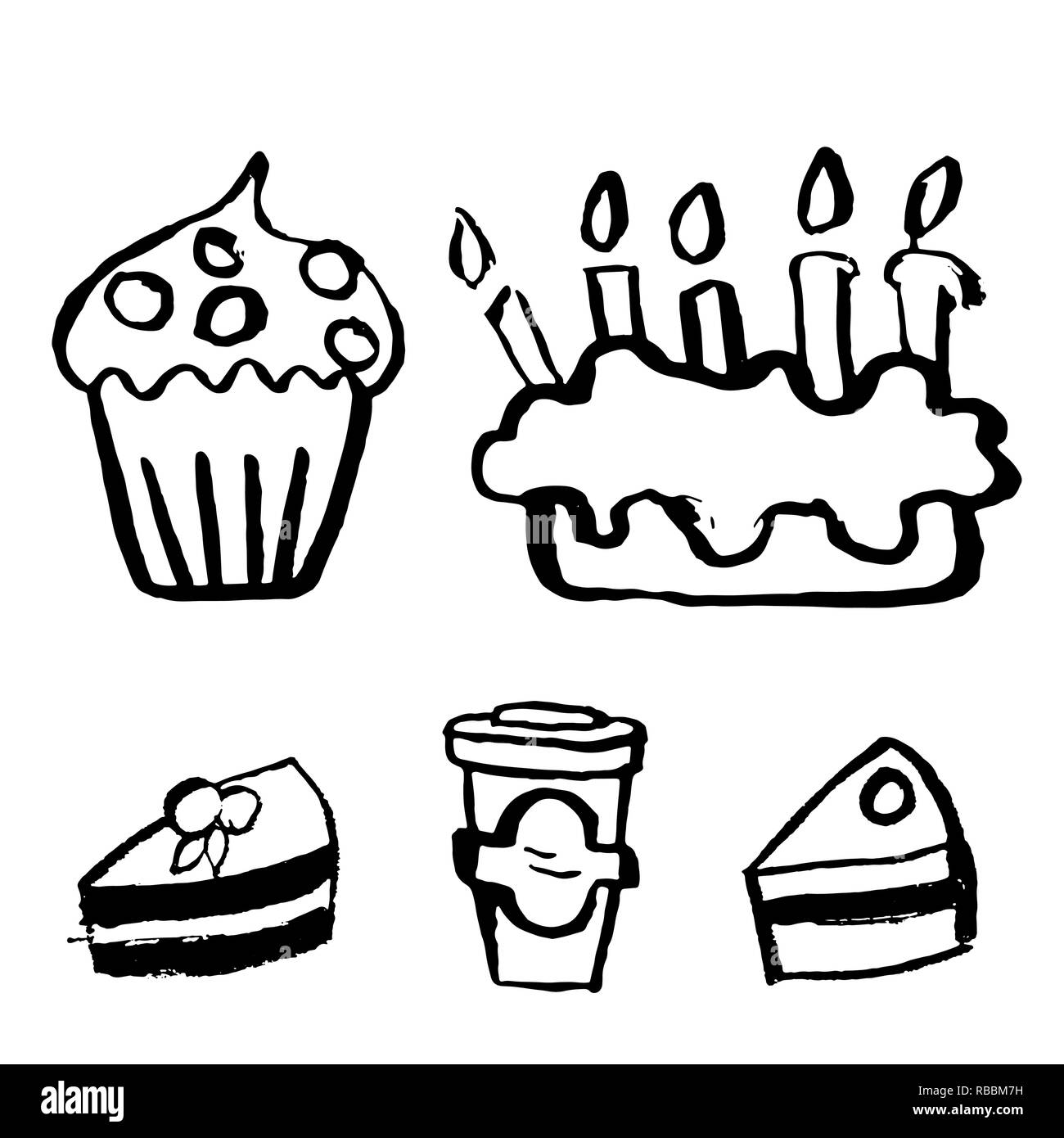 Torta di compleanno, caffè, tortina grunge icon set. Illustrazione Vettoriale. Illustrazione Vettoriale
