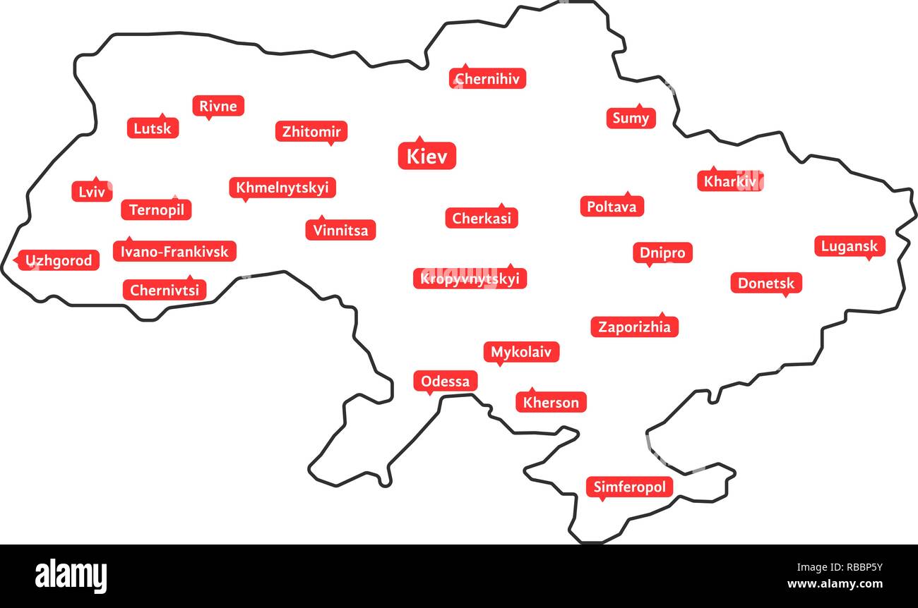 Linea sottile ucraina mappa con centri regionali Illustrazione Vettoriale