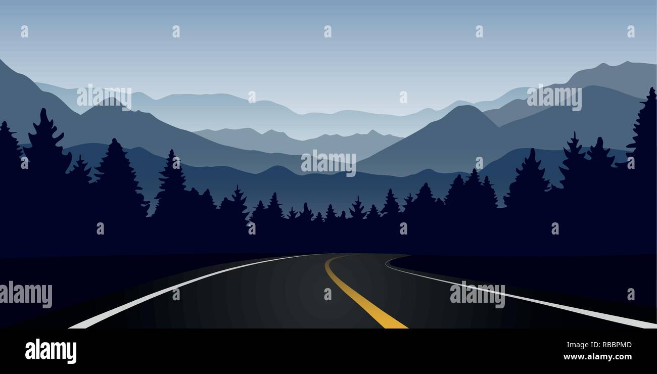 Strada curva nella foresta e paesaggio di montagna all'alba illustrazione vettoriale EPS10 Illustrazione Vettoriale