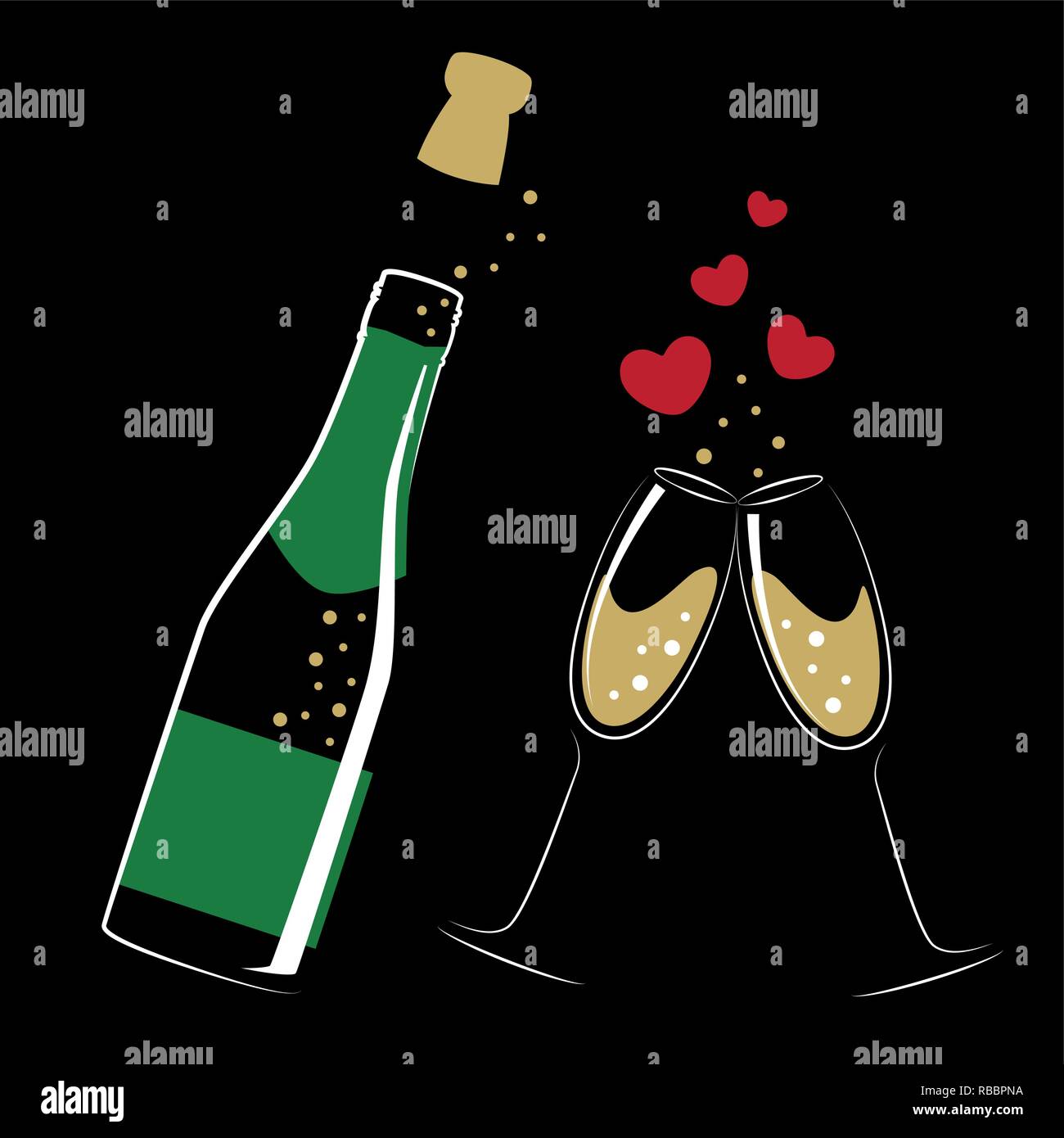 Ha aperto una bottiglia di champagne e i bicchieri con il cuore per il matrimonio e il giorno di san valentino illustrazione vettoriale EPS10 Illustrazione Vettoriale