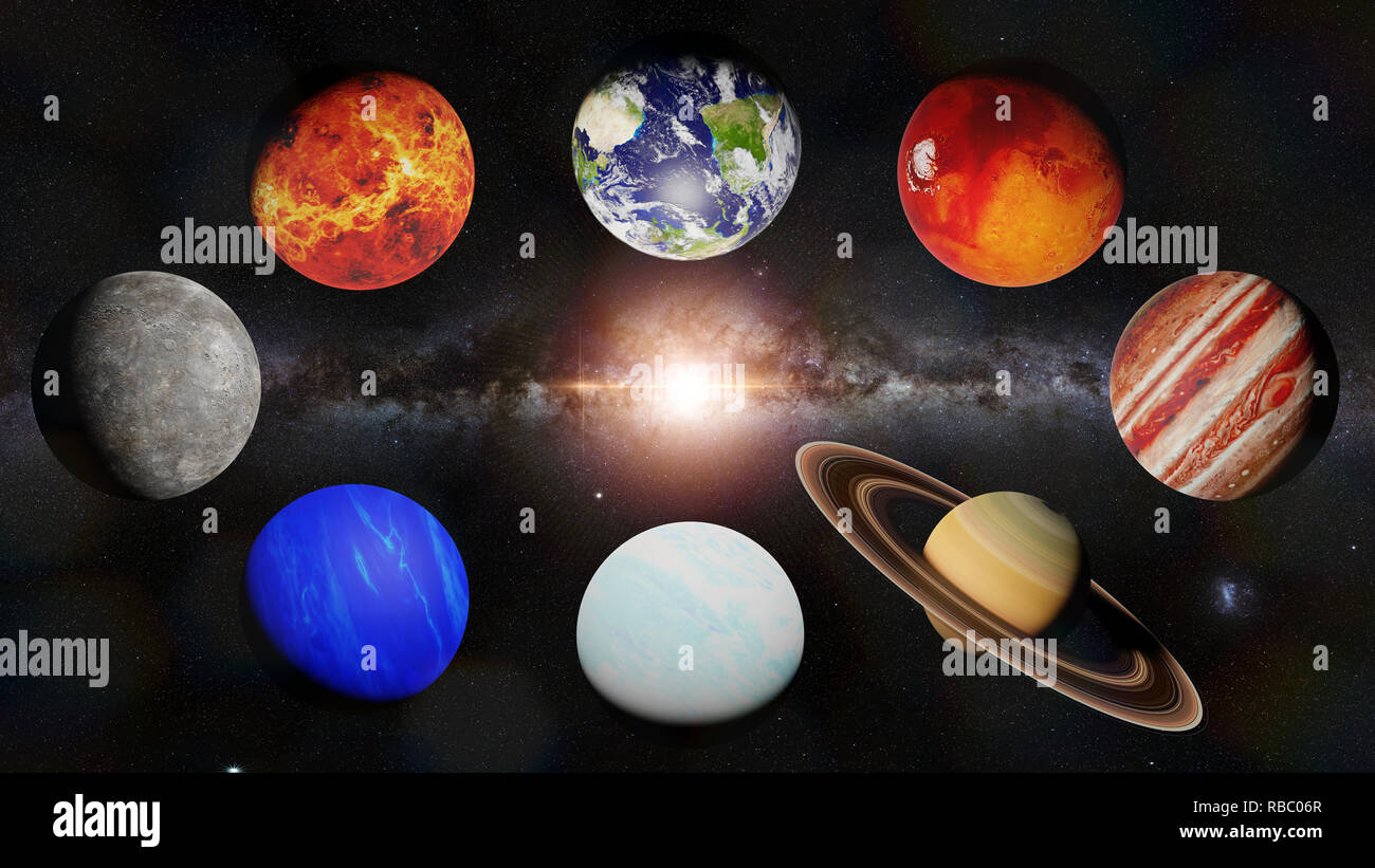I pianeti del sistema solare illuminato dal sole (3D render di scienza, gli  elementi di questa immagine sono arredate dalla NASA Foto stock - Alamy