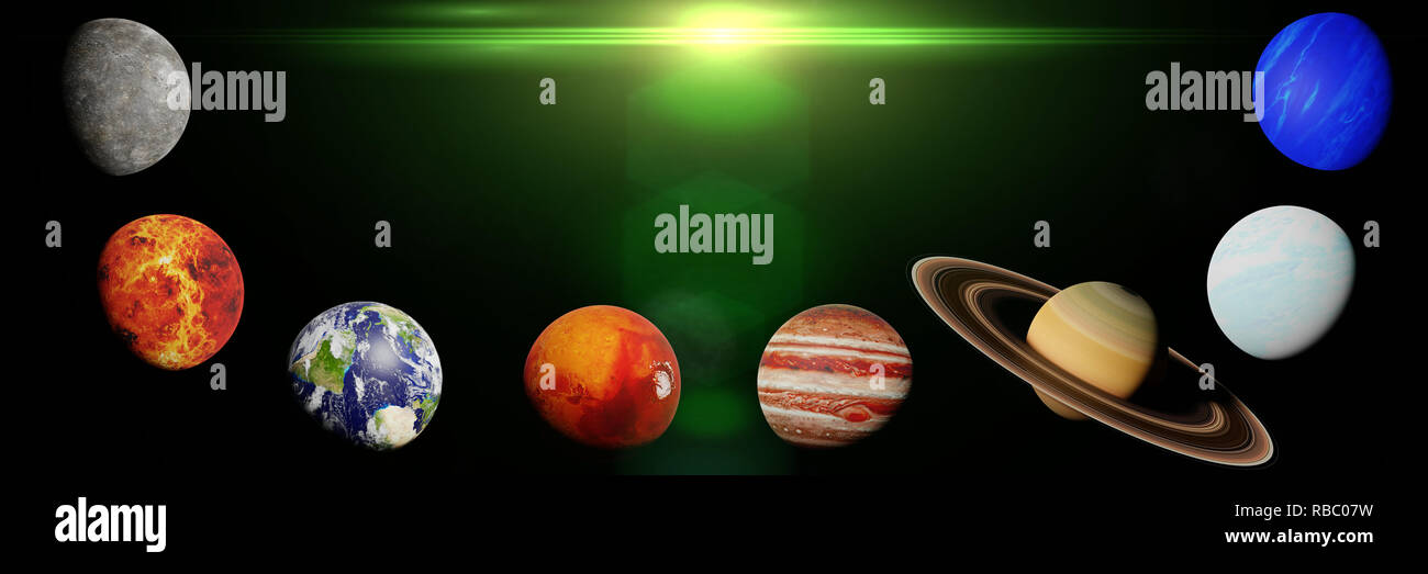 I pianeti del sistema solare illuminato dal sole (3D render scienza banner, elementi di questa immagine sono arredate dalla NASA) Foto Stock