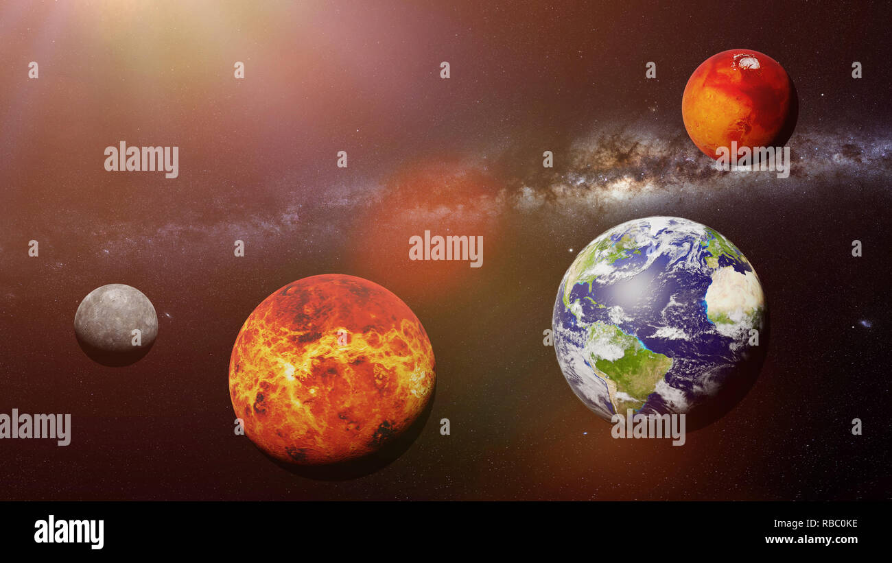 Il Rocky pianeti interni, Mercurio, Venere, Terra e Marte con la Via Lattea (spazio 3D rendering, elementi di questa immagine sono arredate dalla NASA) Foto Stock