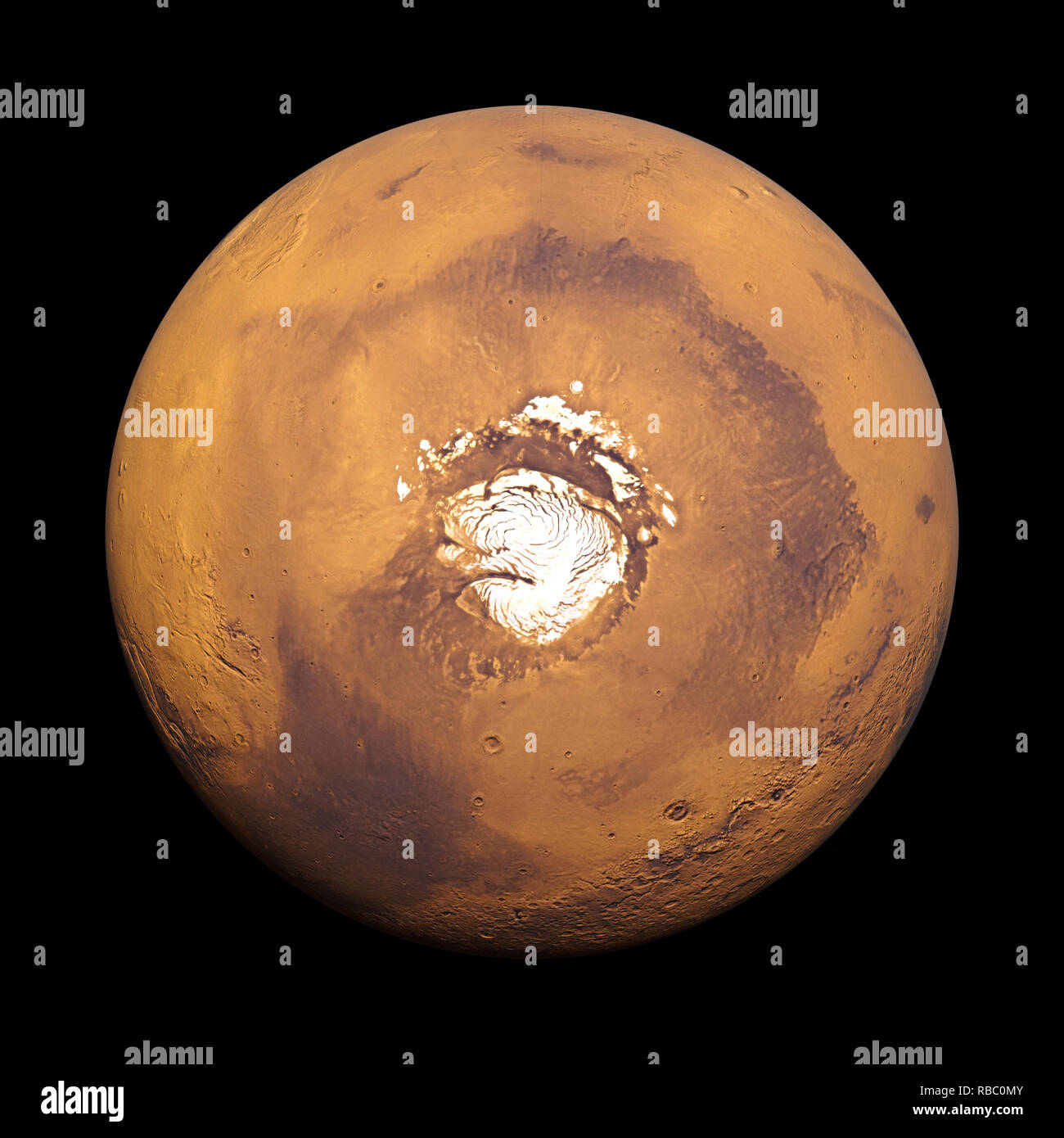 3D render, Marte in colori naturali con il Pianeta rosso della calotta glaciale polare a nord, isolato su sfondo nero (elementi di questa immagine sono arredate da NAS Foto Stock