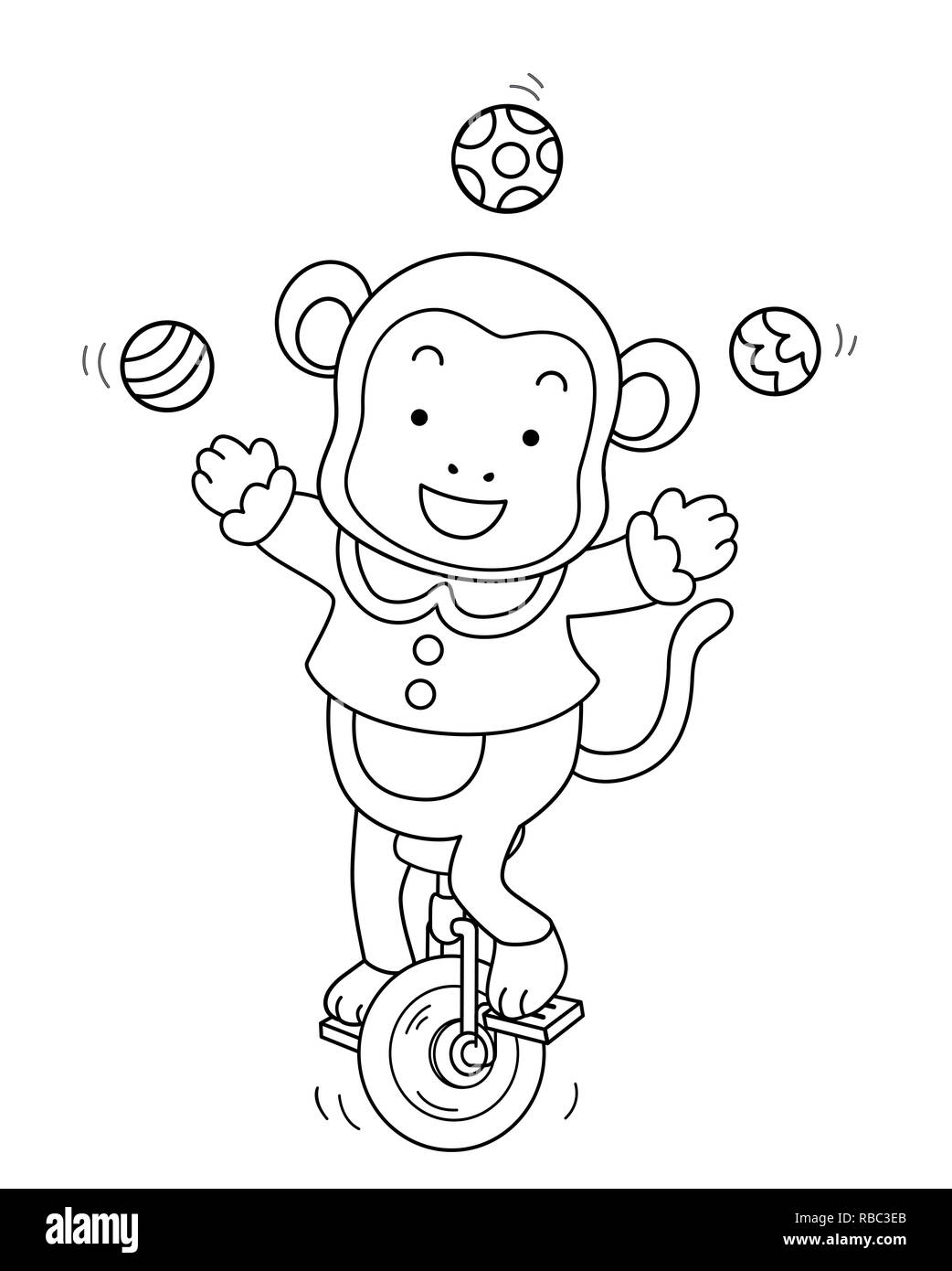 Illustrazione di colorazione di una scimmia a cavallo di un monociclo e juggling balls Foto Stock