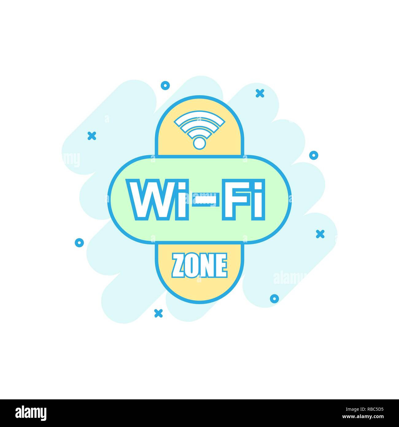 Area Wifi icona in stile fumetto. Wi-fi tecnologia wireless vettore illustrazione cartoon pittogramma. Rete wifi concetto aziendale effetto splash. Illustrazione Vettoriale