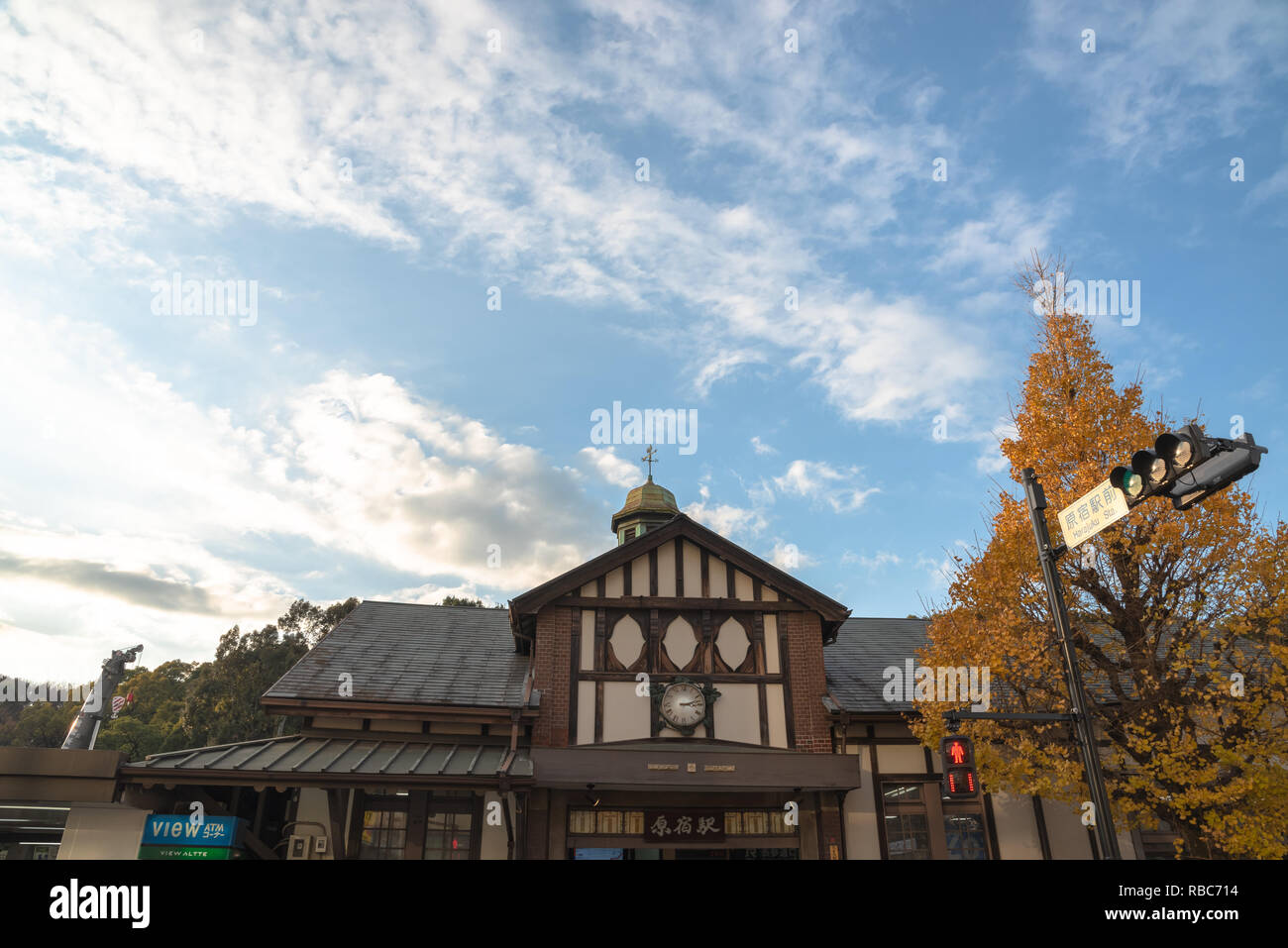 Tokyo stazione Harajuku vista quando il ginkgo tree diventa giallo in autunno a Tokyo in Giappone. Foto Stock