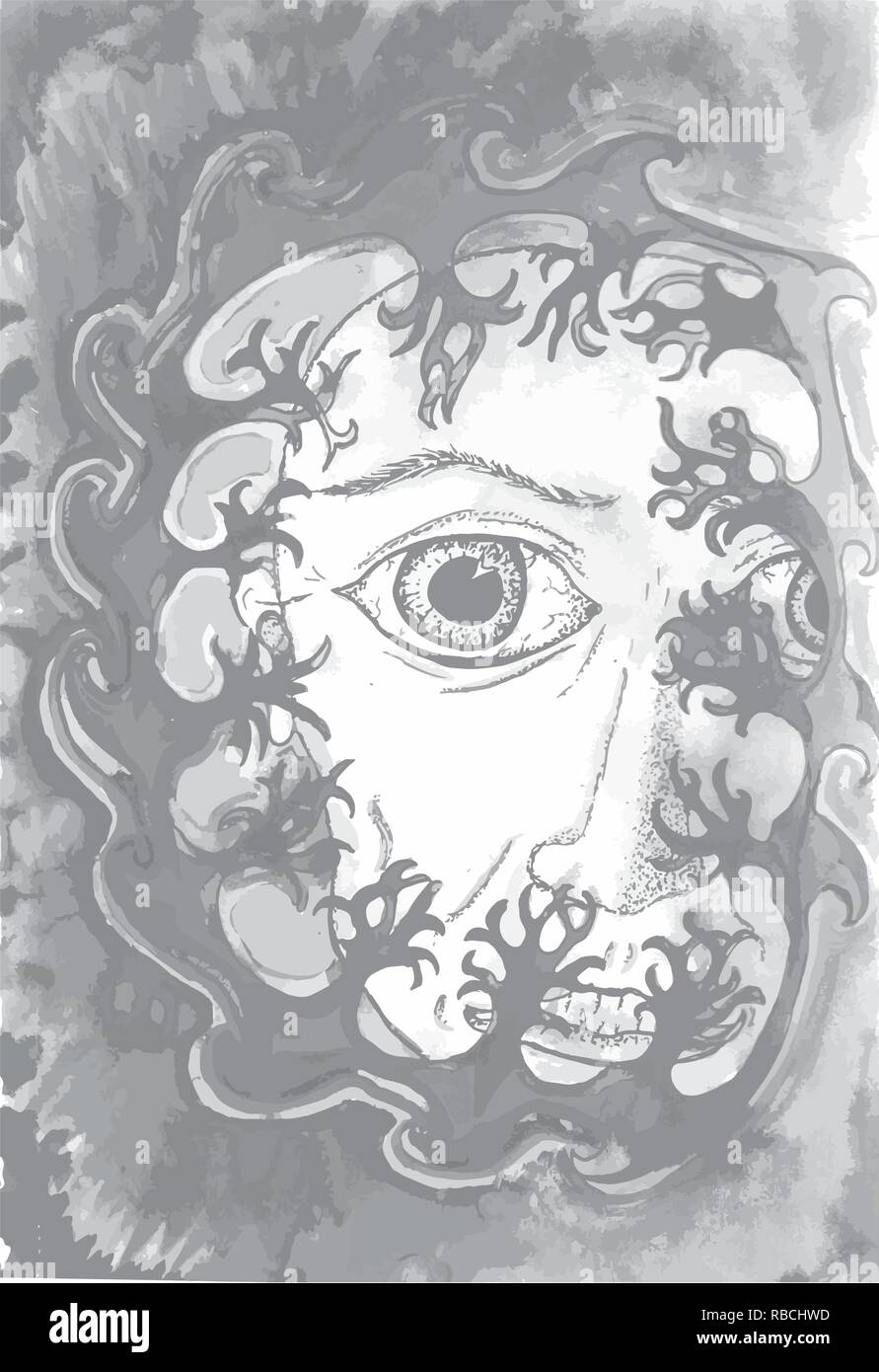 Pittura con un occhio alla ricerca attraverso gli alberi di psichedelico. Illustrazione Vettoriale