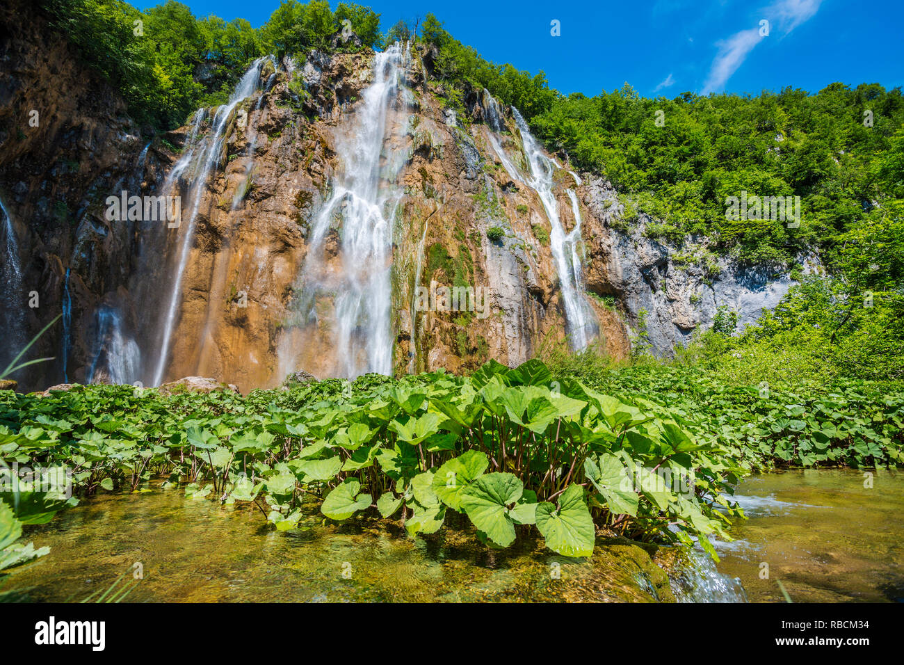Sastavci cascata. Il Parco Nazionale dei Laghi di Plitvice. Lika Pljeå¡ivica mountain range . Il parco rientra in due contee Lika-Senj Affitto e Karlovac . UNESCO Foto Stock