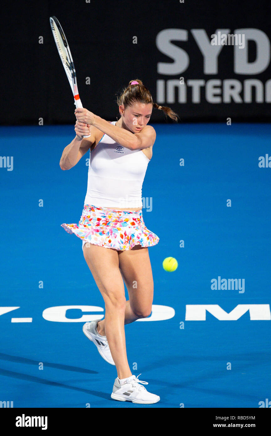 Sydney, Australia. Gen 8, 2019. Camila Giorgi (ITA) colpi di rovescio del  Sydney International Tennis, a