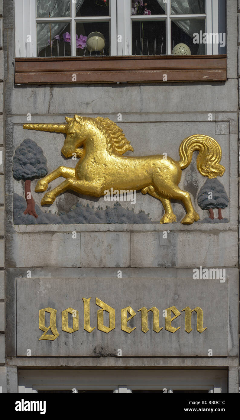 "Ristorante ''al golden unicorn'', mercato, Aachen, nel Land Renania settentrionale-Vestfalia,', Gaststaette 'Zum Goldenen Einhorn', Markt, Nordrhein-Westfale Foto Stock