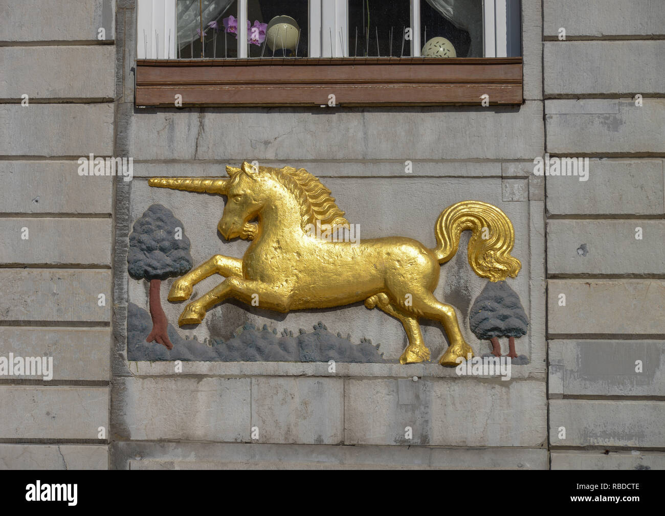 "Ristorante ''al golden unicorn'', mercato, Aachen, nel Land Renania settentrionale-Vestfalia,', Gaststaette 'Zum Goldenen Einhorn', Markt, Nordrhein-Westfale Foto Stock