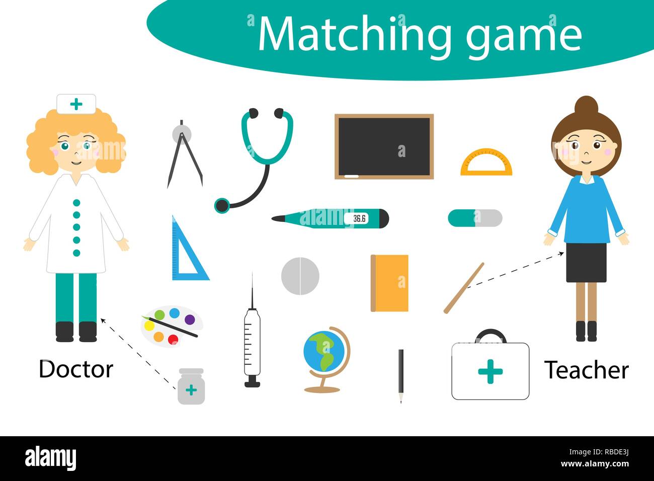 Professione matching game per bambini, collegare le cose con bisogno di professione, foglio di lavoro in età prescolare attività per bambini attività per lo sviluppo del pensiero logico, illustrazione vettoriale Illustrazione Vettoriale