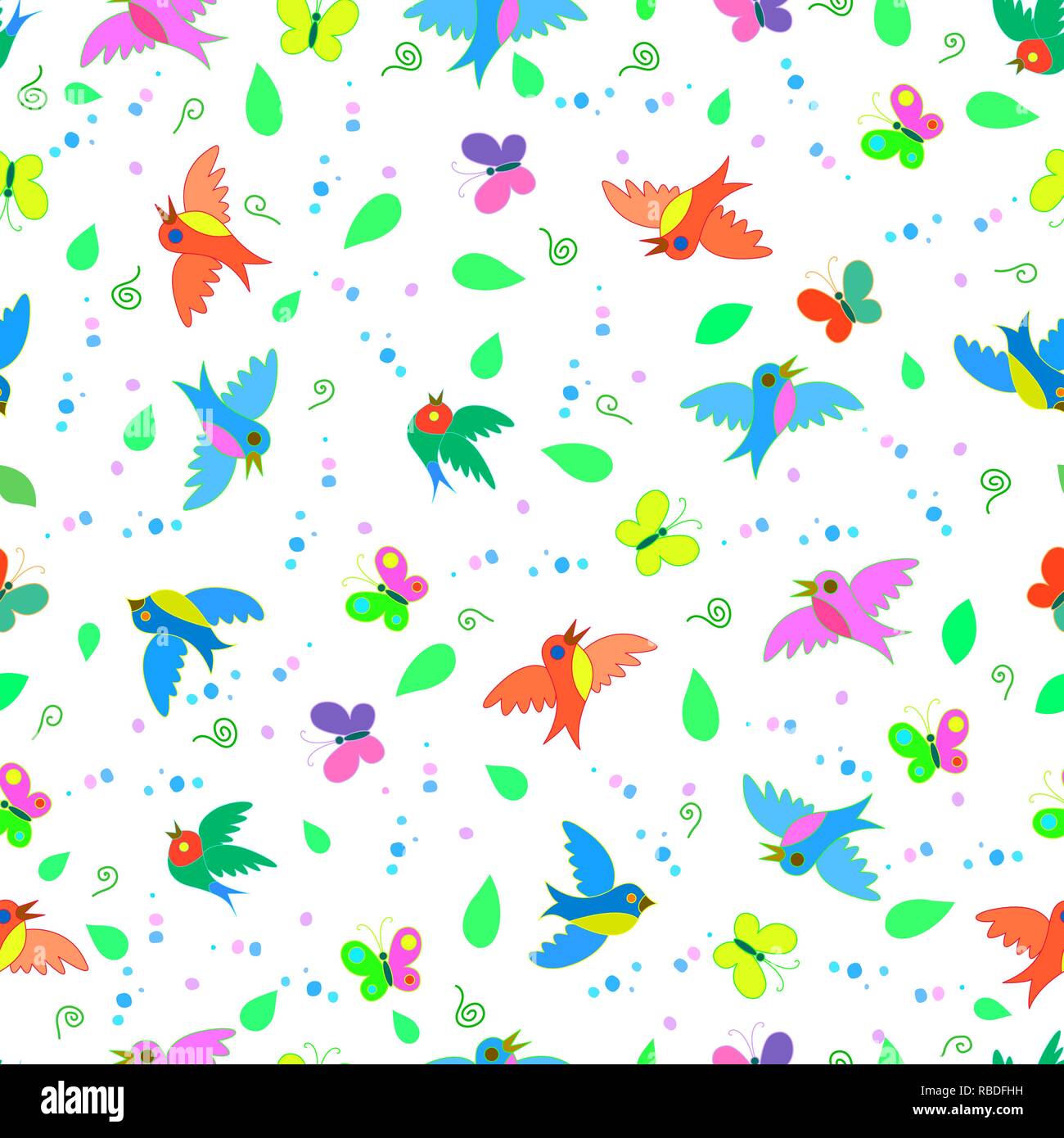 Colorato divertente simpatico cartoon uccelli e farfalle seamless pattern di estate Illustrazione Vettoriale