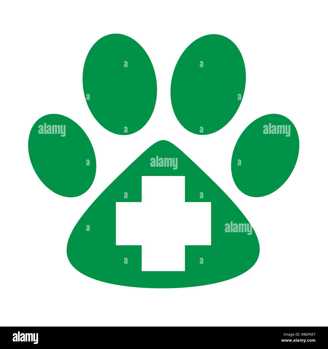Cure veterinarie icona zampa verde con croce Illustrazione Vettoriale