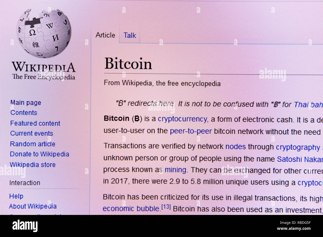Sito web di Wikipedia articolo per il BitCoin cryptocurrency Foto Stock