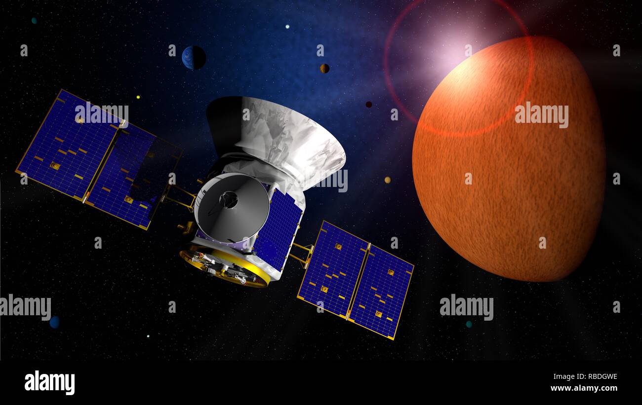 In transito Exoplanet Survey Satellite TESS space telescope che viaggiano attraverso lo spazio alla ricerca di pianeti eso. 3D illustrazione Foto Stock