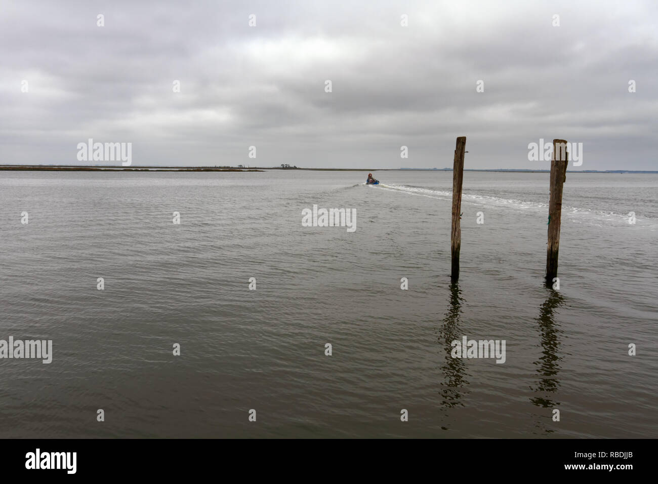 Ampia vista di Ria de Aveiro; tipo di zona umida portoghese, in un overscast mattina presto vedere alberi dove le barche sono ormeggiate e una barca che ha lasciato per Foto Stock