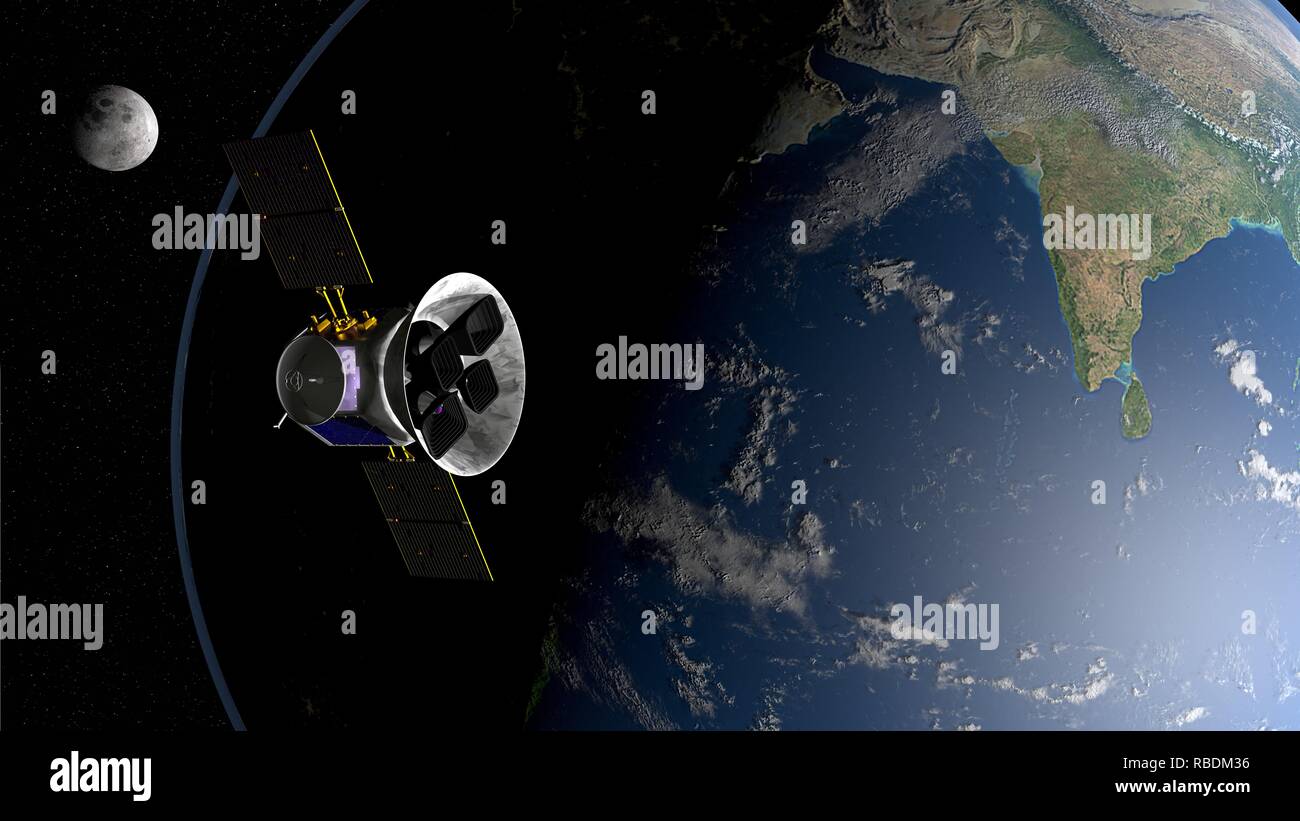 In transito Exoplanet Survey Satellite TESS telescopio spaziale in orbita del pianeta Terra con la luna in background. 3D illustrazione Foto Stock