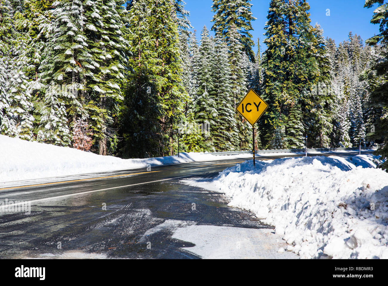 Icy country road in boschi innevati in inverno. Paesaggio invernale con la strada innevata. Strada chiusa sign in strada innevata in una foresta di inverno Foto Stock