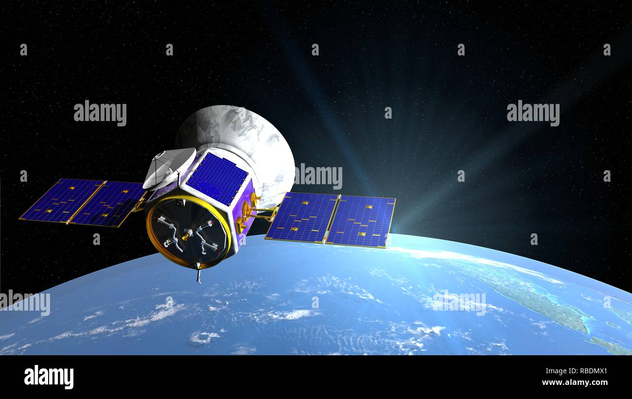 In transito Exoplanet Survey Satellite TESS telescopio spaziale in orbita del pianeta Terra con stelle in background. 3D illustrazione Foto Stock