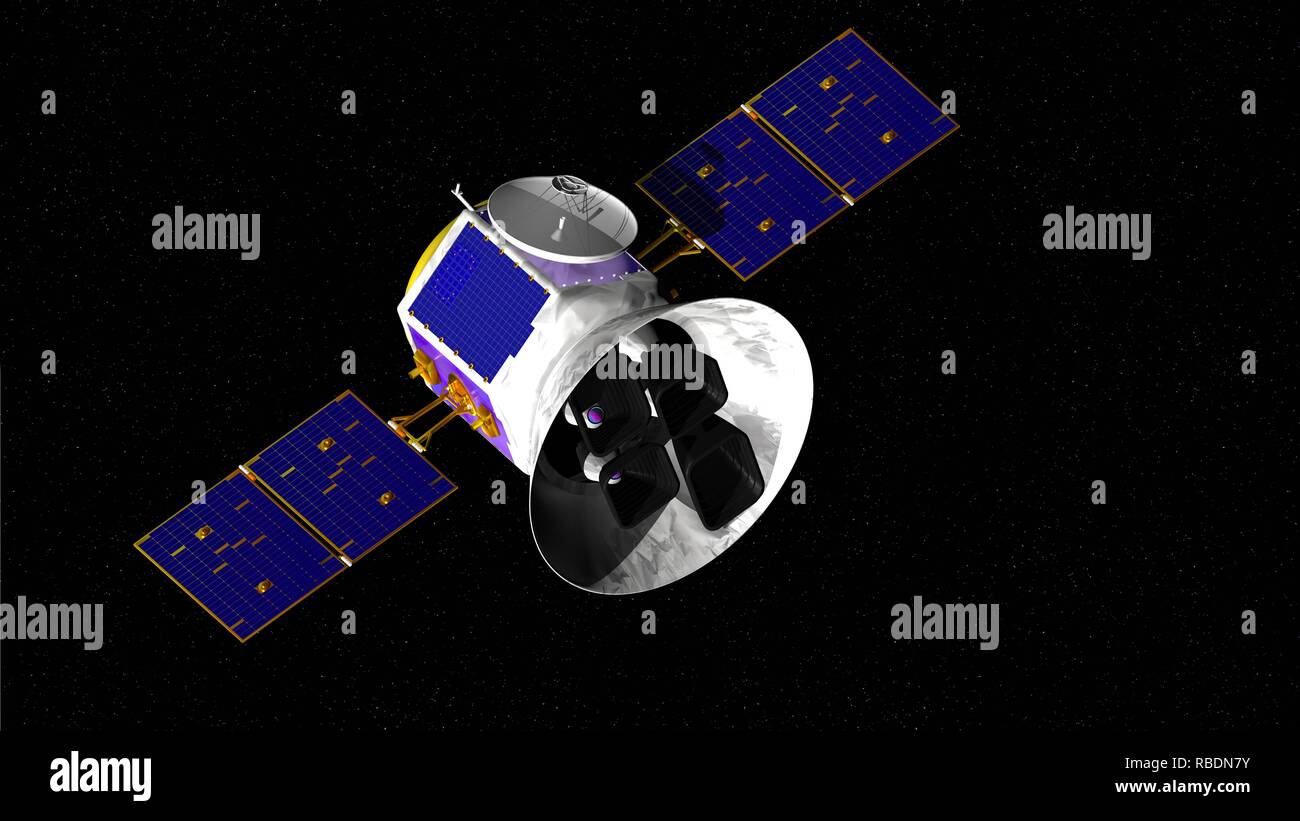 In transito Exoplanet Survey Satellite TESS space telescope con stelle in background. 3D illustrazione Foto Stock