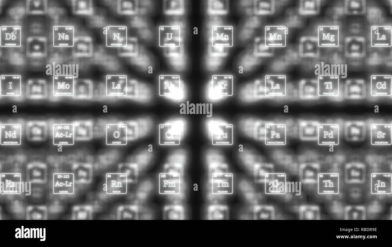 Ordinati in tavola periodica concetto con incandescente linee neon. 3d illustrazione Foto Stock