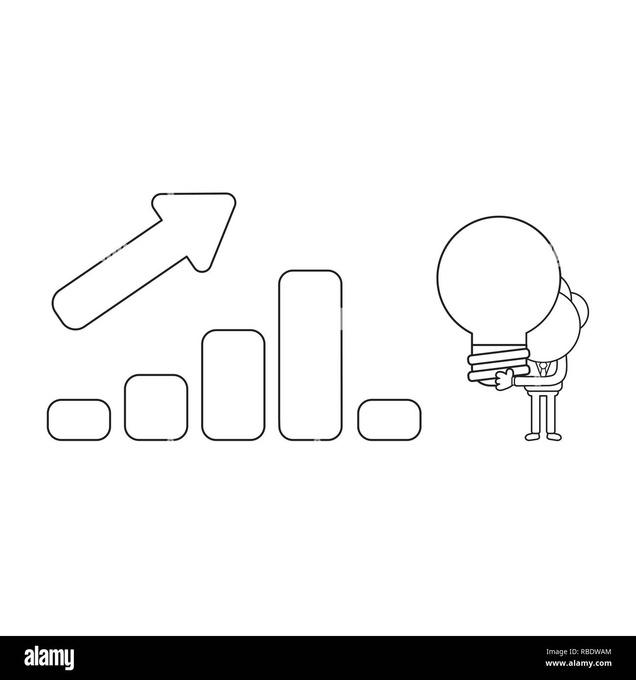 Illustrazione Vettoriale nozione di imprenditore carattere con le vendite il grafico a barra e tenendo la lampada della luce. Contorno nero. Illustrazione Vettoriale